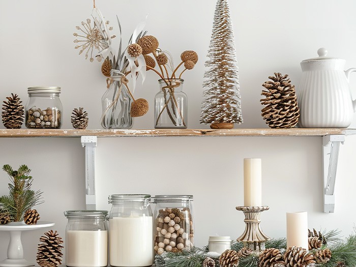 Open wood shelving featuring spice jars and pine cones.