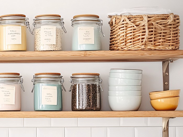 Wicker baskets fill sitting on open wood shelving.