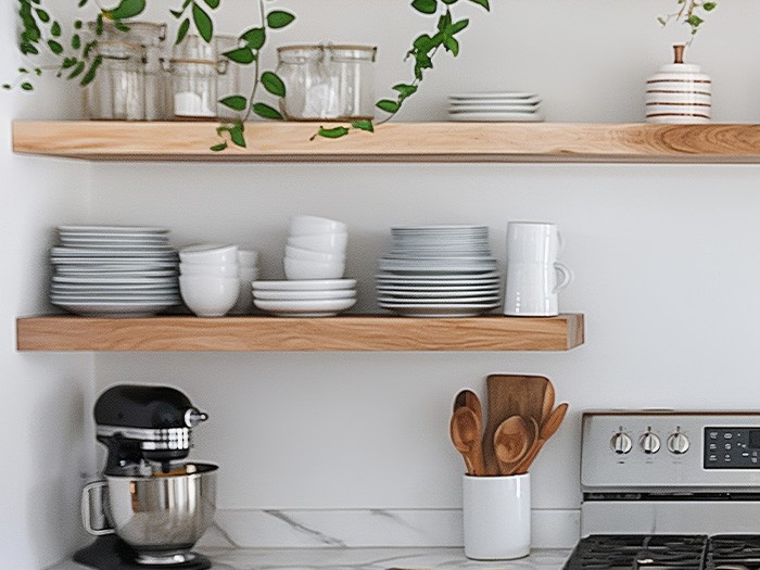 Open wood shelving filled with glass jars, plates, and tea cups.