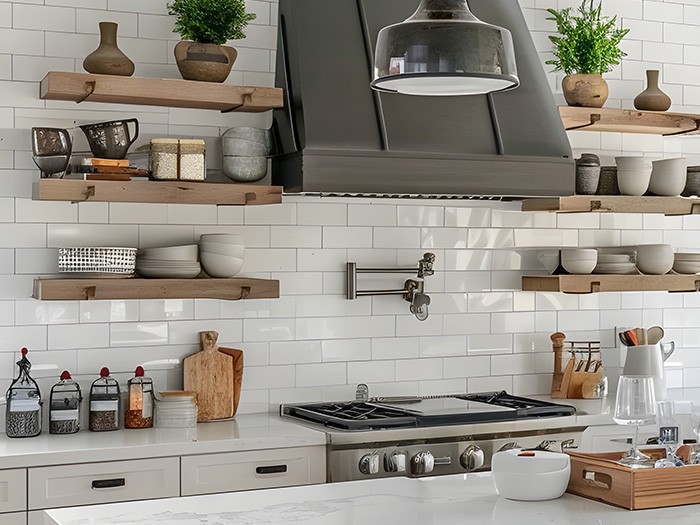 A white kitchen with open wood shelving filled with bowls, plates, and potted plants.