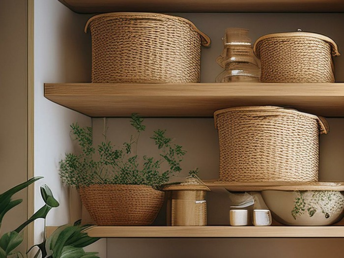 Wicker baskets fill sitting on open wood shelving.