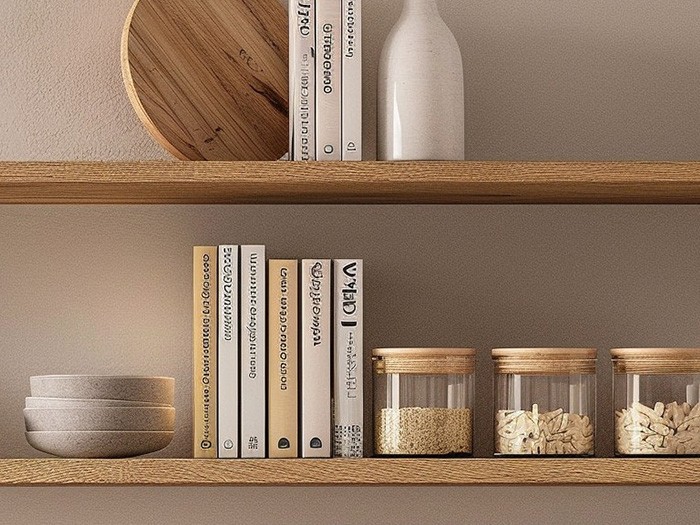 Open wood shelving featuring books, bowls, and jars.