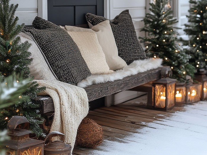 A front porch featuring a bench with cozy pillows and blanket next to protected candles.