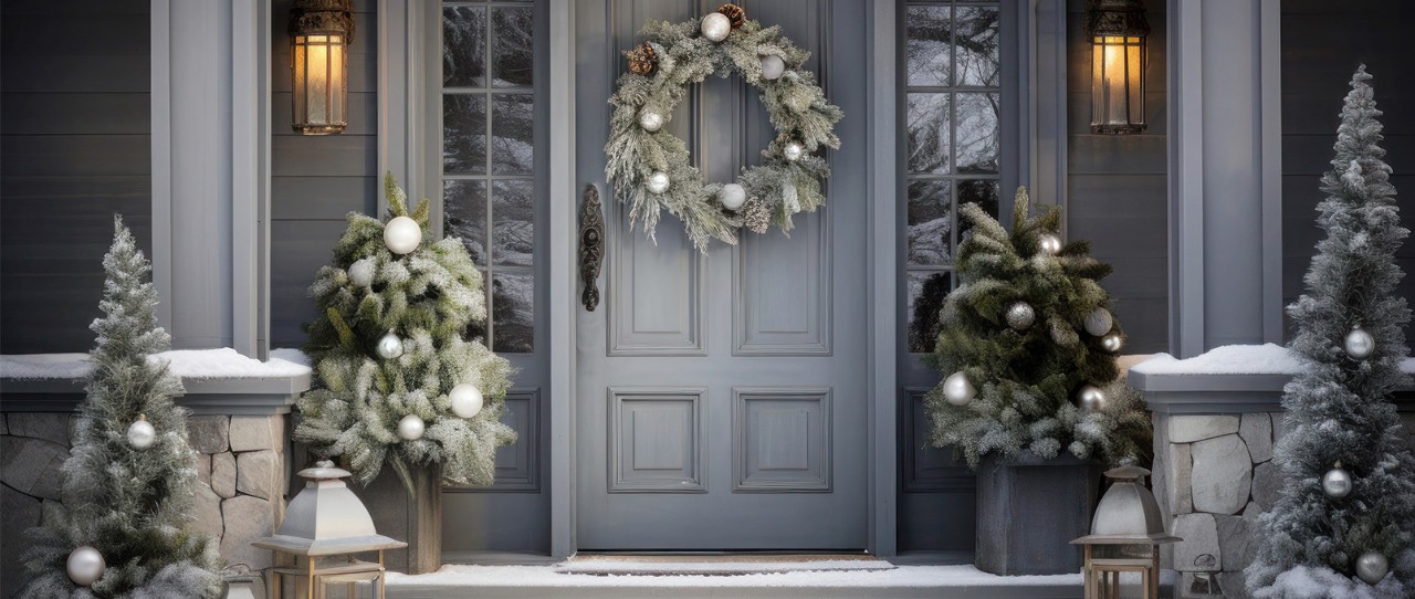 A front porch featuring a pine wreath, and miniature pine trees with ornaments.